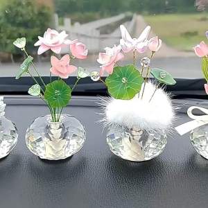 Glass Flower Figurine Ornament Bling Rhinestones Flower Dashboard Decoration Hiasan Kereta