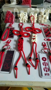 BTS Inspired Norigae Bag Charm Red Keychains with "BTS" Lettering and Knot Designs