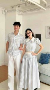 Set 3 món gồm sơmi nam và bộ nữ áo phối chân váy dài sọc xanh viền cổ trắng