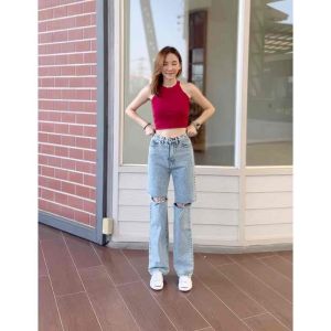 กางเกงยีนส์เอวสูงขากระบอก ขาดเซอร์เข่า