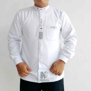 Baju Koko Putih Lengan Panjang Bordir Simpel Kemko Pria Dewasa Seragam Hadroh Terbaru Muslim Taqwa