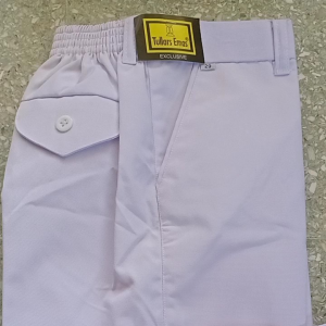 Celana Sekolah Putih Panjang Pinggang Karet untuk SD SMP SMA | Bahan katun elastis saku samping kancing depan model lurus. | Sesuai untuk seragam sekolah. | Foto produk.