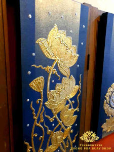 ภาพดอกบัวทองพื้นสีน้ำเงิน1ชุด3ชิ้น พร้อมส่ง รูปแขวนกรอบลอยดอกบัวสวย ภาพติดผนังตกแต่งบ้านของขวัญมงคล