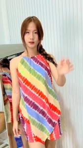 ชุดเซ็ทเสื้อสามเหลี่ยม+ กางเกงขาสั้น (ลายเรนโบว์) ใส่ไปทะเล ผ้าไหมอิตาลี พร้อมส่ง️🌈