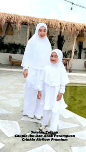 Baju Setelan Celana One Set Wanita Muslim Putih Couple Ibu Dan Anak Perempuan Manasik Haji Crinkle