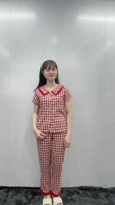 Đồ bộ mặc nhà nữ (Bunnysky) bộ thiết kế cổ kép tay cộc quần dài vải đũi dệt mềm đẹp