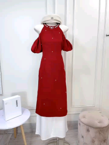 Set áo dài Nhung đính Ngọc phụ kiện kèm quần tuyết nhung cực xinh dịu dàng diện Tết xinh xắn màu đỏ may mắn tươi tắn cho bạn gái