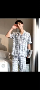Mens button-down polo collared two-piece home wear suit summer short-sleeved trousers