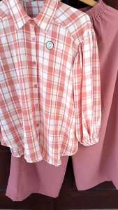 setelan crinkle air flow kemeja kotak tangan balon celana kulot