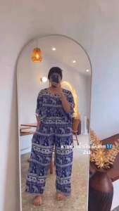 (2XL)ชุดเชตลายช้างขายาว สาวอวบ ไซส์ใหญ่  เสื้อครอป+กางเกงขายาว งานไทย 100% ไม่มีช้างกลับหัว