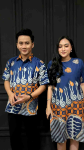 Couple Dress Batik Lengan pendek terbaru harga sepasang Melody Biru polykatun dress natal