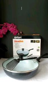 Orion Panci Teflon Wajan 30cm Anti Lengket Non Stick Marble Ceramic Coating Wok + Tutup & Spatula
