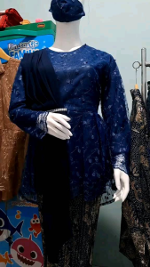 Couple Kebaya Modern Selendang Set Baju Batik Saroja Navy