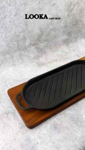 Looka Cast Iron Hot Plate / Piring Steak Panjang Besar Garis