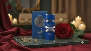 Asad Lattafa Zanzibar Eau de Parfum 100ml Blue Perfume Bottle with Silver Accents and Ornate Design