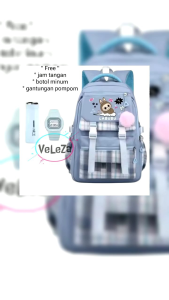 Tas Ransel Anak Perempuan Labubu & Tas Sekolah Anak SD SMP Gratis Botol Minum Jam Tangan Gantungan Pompom