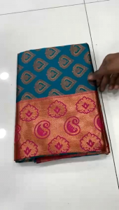 Rai [Lady] Soft Lichi Cloth Saree Turquoise and pink boarder (pre-order ETA 16-21 days)