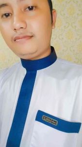 Alghin Exclusive Baju koko pria muslim putih full les biru Bahan Saudi premium polyester original panjang