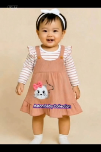 Dress Bayi Perempuan Lengan Panjang dan Celana Katun Rib Usia 6-18 Bulan Motif Bordir Kucing Lucu