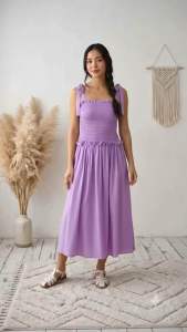 PIA MAXI dress garterized back cotton linen challis side pockets preppy chic elegant minimalist basic simple casual summer Womenswear Sleeveless Loose Medium Fitted Smocked Fit Fuchsia Pink long gown