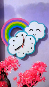 Jam Dinding Aesthetic Karakter Pelangi Dan Awan Kinton