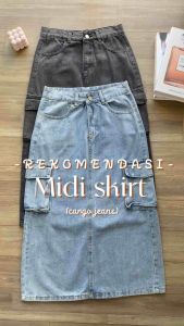 Beevalue Rok Jeans Kargo Midi Wanita | Cargo Midi Skirt | Rok Belah Tengah A line | Rok Jeans Bahan Premium Korean Style (A04)