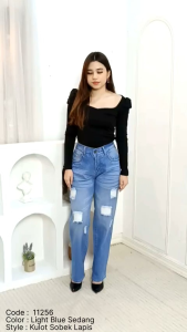 Loose Jeans Pinggang Karet Sobek Lapis Furing (Semi Kulot). 27-34