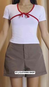 BUY 1 TAKE 1 (2PCS) DORRY Ribbon Plunging Neckline Deep V Neck Short Sleeve Cotton Spandex Basic Casual Top Womenswear Comfortable