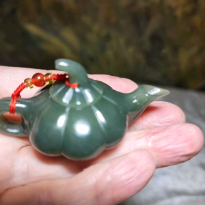 Premium Nephrite light green blue hue handmade "Winning Every Game" Lucky Charm handheld (with certificate) 精品和田玉且末蓝调手工"把把胡"小茶壶(帶证书)