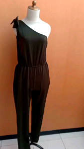 jumpsuit wanita panjang S M cewek hijau tua one shoulder pinggang karet cute pita santai
