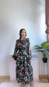 [Basica Moda] 12425 Gaun Dress Midi Wanita Trinity Motif Floral Import