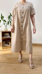 ●ECLAIRE● 063 Dress Midi Loose Rami Lengan Pendek Shortsleeves Lengan Puff Motif Polos Gaya Basic Dasar Kasual Casual Korea Ioao