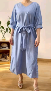 ●ECLAIRE● 063 Dress Midi Salur Stripe Garis-Garis Vneck Kasual Korea Basic Dasar Casual Formal Kerja 789