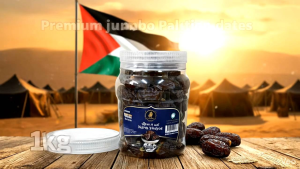 KURMA MAJDOOL PLASTINE JUMBO 5KG/1KG/500G Dates Fresh Tropical Fruit Boxed Palestinian Flag Wooden Table Scene