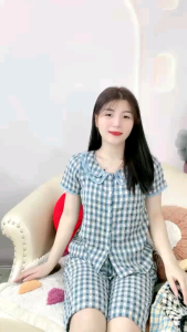 Quần áo mặc nhà nữ (Bunnysky) bộ cổ kép viền nhún kẻ caro vải thô kẻ lông mềm lửng và dài