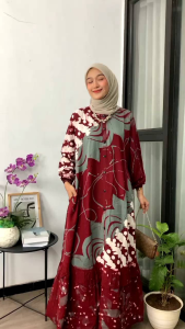Gamis twill pekalongan terbaru /motif mawar merah / rempel tumpuk / saku kanan / cap malaman