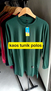 Kaos Tunik Wanita Hijau Botol Polos & Atasan Wanita Lengan Panjang Karet Kerut Bahan Katun Combed 24s