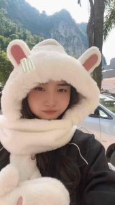 Mũ lông tai gấu thỏ kèm khăn quàng cổ bao tay 3 trong 1 ấm áp