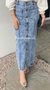 Rok Jeans Panjang Gisca kancing depan // Rok Jeans Wanita Kancing Premium melar
