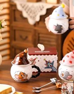 Ly Sứ Dễ Thương Nắp Kem Hoạt Hình Tom & Jerry - Cốc/Tách Ly uống Cà Phê Trà siêu cute kèm hộp màu [chính hãng Disney]