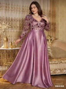 Melody Plus Size V-Neck Princess Sleeve Sequin Embroidered Satin Ruffle Dress For Evening Party
