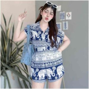 ชิ้น เสื้อเชิ้ต ผ้าสปัน พิมพ์ลายช้าง แขนเบิ้ล + กางเกงขาสั้น ชุดเที่ยวสวงกรานต์