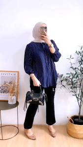KEMEJA OVERSIZE WANITA RAYON SALUR PREMIUM KERAH KEMEJA TANGAN KARET 7/8 - Kemeja daily wanita motif salur