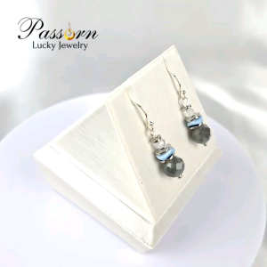 EA009 ต่างหูหินนำโชค หินมงคล ลาบราดอไรท์+เรนโบว์อาเกต+เพทาย Handmade earrings : Labradorite+Rainbow agate+Zircon