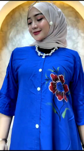 Gaun Wanita Rayon Elegan Motif Floral Lengan 3/4 - Lengan Bulat - Hijau Tua/Abu Tua/Navy
