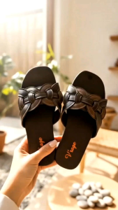 Sandal Wanita Slop Casual Anyaman Ringan Cokelat - Sandal Flat Kulit Sintetis V-Blossom