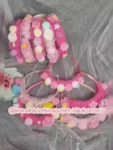 BANDO RENDA POMPOM PREMIUM / BANDO BUNGA MUTIARA ELASTIS / BANDO POM-POM BUNGA ROSE / BANDO ANAK MEWAH / FLOWER KIDS HEADBAND / BDB7550
