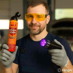 น้ำอุดรอยรั่วแอร์รถยนต์แบบฉุกเฉิน พร้อมหัวเติมในตัว A/C STOP LEAK 80g. D.I.Y. แถมไฟฉาย UV[085-1]