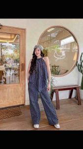 ชุดเซ็ท เสื้อทรงผูกโบว์หลังลายจุด กางเกงขายาว