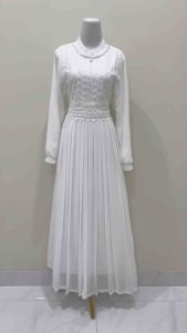 MELISSA Thalia Dress Gamis Putih Wanita Brukat Gamis Plisket Baju Lebaran Umroh Haji Busana Muslim Wanita 1141